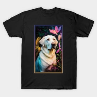 Labrador Retriever Dog Vibrant Tropical Flower Tall Digital Oil Painting Portrait 5 T-Shirt